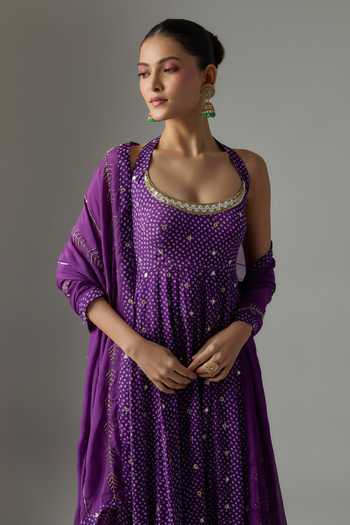 Buy Krishna Padia Purple Lycra, Chinon Scoop Neck Bandhej Print Anarkali Set Online at Aza Fashions Buy_Krishna Padia_Purple Lycra, Chinon Scoop Neck Bandhej Print Anarkali Set _Online_at_Aza_Fashions