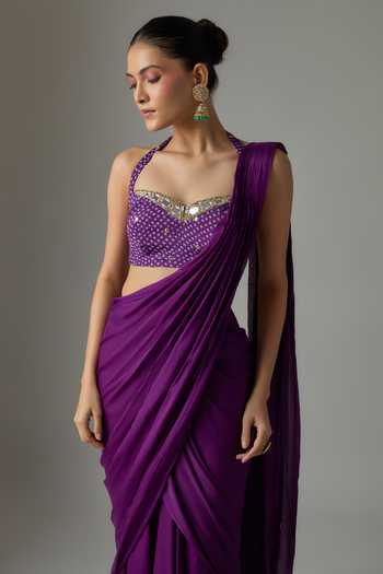 Krishna Padia Purple Crepe, Chinon Sweetheart Pre-draped Saree With Bandhani Pattern Blouse Online at Aza Fashions Krishna Padia_Purple Crepe, Chinon Sweetheart Pre-draped Saree With Bandhani Pattern Blouse _Online_at_Aza_Fashions