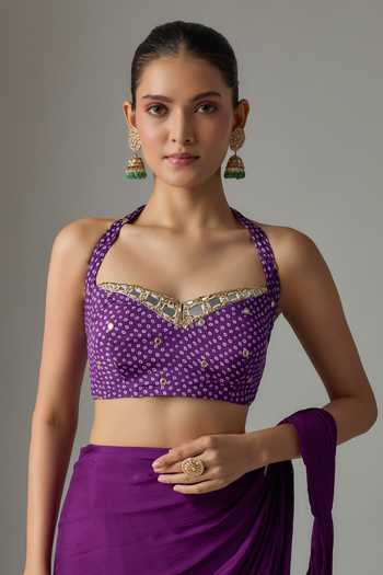 Buy Krishna Padia Purple Crepe, Chinon Sweetheart Pre-draped Saree With Bandhani Pattern Blouse Online at Aza Fashions Buy_Krishna Padia_Purple Crepe, Chinon Sweetheart Pre-draped Saree With Bandhani Pattern Blouse _Online_at_Aza_Fashions
