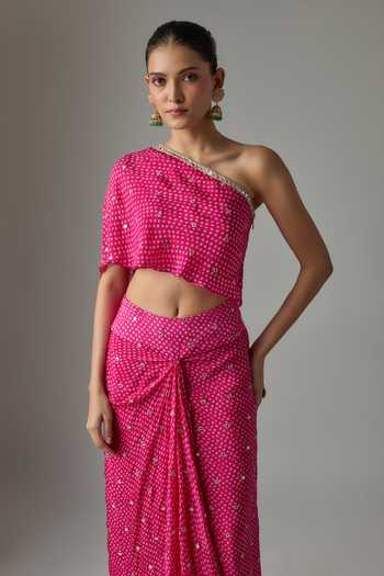 Krishna Padia Fuchsia Crepe, Chinon One Shoulder Bandhej Print Top And Skirt Set Online at Aza Fashions Krishna Padia_Fuchsia Crepe, Chinon One Shoulder Bandhej Print Top And Skirt Set _Online_at_Aza_Fashions