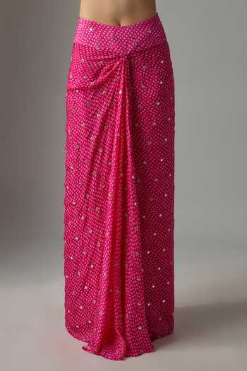 Buy Krishna Padia Fuchsia Crepe, Chinon One Shoulder Bandhej Print Top And Skirt Set Online at Aza Fashions Buy_Krishna Padia_Fuchsia Crepe, Chinon One Shoulder Bandhej Print Top And Skirt Set _Online_at_Aza_Fashions
