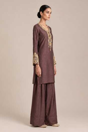 Label Flamingo By Vrinda Brown Silk Round Neck Embroidered Straight Kurta And Farshi Pant Set Online at Aza Fashions Label Flamingo By Vrinda_Brown Silk Round Neck Embroidered Straight Kurta And Farshi Pant Set _Online_at_Aza_Fashions