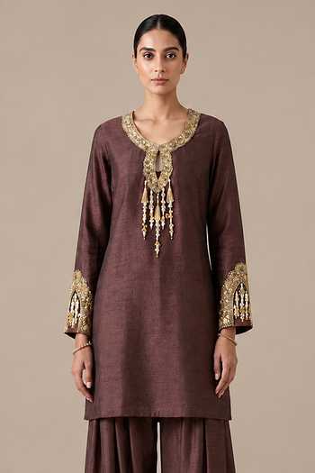 Buy Label Flamingo By Vrinda Brown Silk Round Neck Embroidered Straight Kurta And Farshi Pant Set Online at Aza Fashions Buy_Label Flamingo By Vrinda_Brown Silk Round Neck Embroidered Straight Kurta And Farshi Pant Set _Online_at_Aza_Fashions