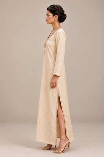 Label Flamingo By Vrinda Ivory Silk V-neck Pitta Work Long Kaftan Online at Aza Fashions Label Flamingo By Vrinda_Ivory Silk V-neck Pitta Work Long Kaftan _Online_at_Aza_Fashions