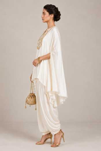 Label Flamingo By Vrinda Ivory Satin, Georgette Split V-neck Neckline Embroidered Kurta And Pant Set Online at Aza Fashions Label Flamingo By Vrinda_Ivory Satin, Georgette Split V-neck Neckline Embroidered Kurta And Pant Set _Online_at_Aza_Fashions