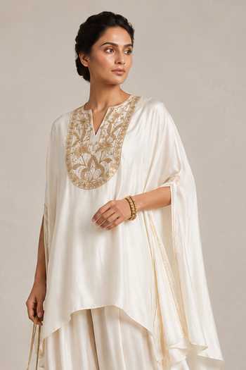 Buy Label Flamingo By Vrinda Ivory Satin, Georgette Split V-neck Neckline Embroidered Kurta And Pant Set Online at Aza Fashions Buy_Label Flamingo By Vrinda_Ivory Satin, Georgette Split V-neck Neckline Embroidered Kurta And Pant Set _Online_at_Aza_Fashions
