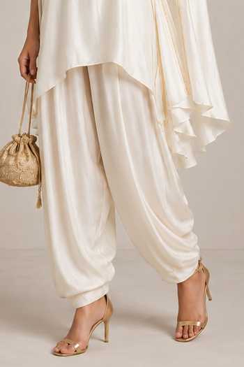 Shop Label Flamingo By Vrinda Ivory Satin, Georgette Split V-neck Neckline Embroidered Kurta And Pant Set Online at Aza Fashions Shop_Label Flamingo By Vrinda_Ivory Satin, Georgette Split V-neck Neckline Embroidered Kurta And Pant Set _Online_at_Aza_Fashions