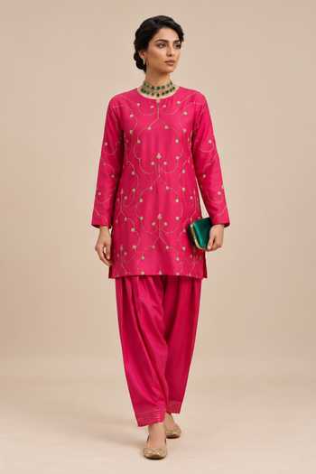 Label Flamingo By Vrinda Pita Work Silk Kurta & Pant Set 