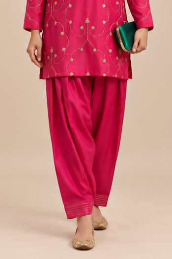 Label Flamingo By Vrinda Fuchsia Silk Round Neck, Yes Pita Work Kurta And Pant Set Online at Aza Fashions Label Flamingo By Vrinda_Fuchsia Silk Round Neck, Yes Pita Work Kurta And Pant Set _Online_at_Aza_Fashions