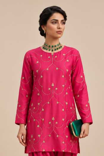 Buy Label Flamingo By Vrinda Fuchsia Silk Round Neck, Yes Pita Work Kurta And Pant Set Online at Aza Fashions Buy_Label Flamingo By Vrinda_Fuchsia Silk Round Neck, Yes Pita Work Kurta And Pant Set _Online_at_Aza_Fashions