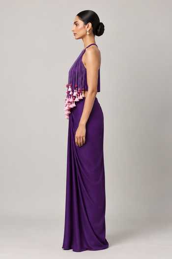 Label Flamingo By Vrinda Purple Silk, Georgette, Satin Halter Neck Embroidered Top And Draped Skirt Set Online at Aza Fashions Label Flamingo By Vrinda_Purple Silk, Georgette, Satin Halter Neck Embroidered Top And Draped Skirt Set _Online_at_Aza_Fashions