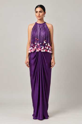Label Flamingo By Vrinda Embroidered Top & Draped Skirt Set 
