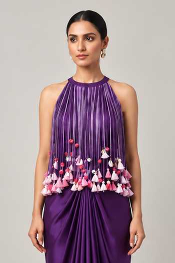Shop Label Flamingo By Vrinda Purple Silk, Georgette, Satin Halter Neck Embroidered Top And Draped Skirt Set Online at Aza Fashions Shop_Label Flamingo By Vrinda_Purple Silk, Georgette, Satin Halter Neck Embroidered Top And Draped Skirt Set _Online_at_Aza_Fashions
