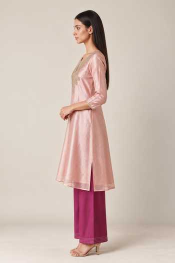 Label Flamingo By Vrinda Pink Silk, Tissue Split V-neck, Yes Embroidered Kurta And Pant Set Online at Aza Fashions Label Flamingo By Vrinda_Pink Silk, Tissue Split V-neck, Yes Embroidered Kurta And Pant Set _Online_at_Aza_Fashions