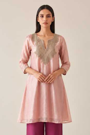 Buy Label Flamingo By Vrinda Pink Silk, Tissue Split V-neck, Yes Embroidered Kurta And Pant Set Online at Aza Fashions Buy_Label Flamingo By Vrinda_Pink Silk, Tissue Split V-neck, Yes Embroidered Kurta And Pant Set _Online_at_Aza_Fashions