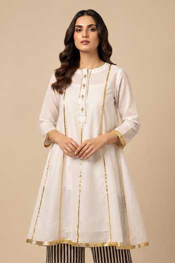 Label Flamingo By Vrinda Ivory Cotton, Chanderi Round Neck Gota Work Kurta And Pant Set Online at Aza Fashions Label Flamingo By Vrinda_Ivory Cotton, Chanderi Round Neck Gota Work Kurta And Pant Set _Online_at_Aza_Fashions