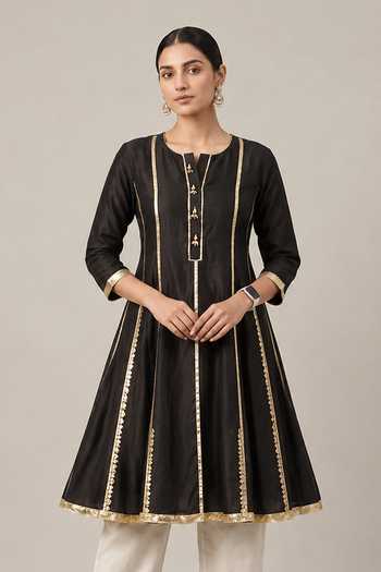 Label Flamingo By Vrinda Black Cotton, Chanderi Round Neck Gota Embellished Kurta And Pant Set Online at Aza Fashions Label Flamingo By Vrinda_Black Cotton, Chanderi Round Neck Gota Embellished Kurta And Pant Set _Online_at_Aza_Fashions