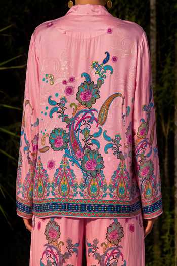 Shop Nautanky Pink Crepe Collared Neck Gulabi Printed Shirt And Pant Co-ord Set Online at Aza Fashions Shop_Nautanky_Pink Crepe Collared Neck Gulabi Printed Shirt And Pant Co-ord Set _Online_at_Aza_Fashions