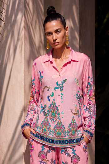 Nautanky Pink Crepe Collared Neck Gulabi Printed Shirt And Pant Co-ord Set at Aza Fashions Nautanky_Pink Crepe Collared Neck Gulabi Printed Shirt And Pant Co-ord Set _at_Aza_Fashions
