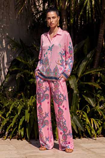 Buy Nautanky Pink Crepe Collared Neck Gulabi Printed Shirt And Pant Co-ord Set Buy_Nautanky_Pink Crepe Collared Neck Gulabi Printed Shirt And Pant Co-ord Set