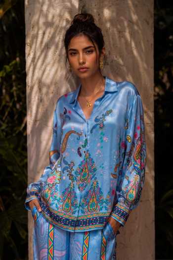 Nautanky Blue Crepe Collared Neck Asmani Printed Shirt And Pant Co-ord Set Online at Aza Fashions Nautanky_Blue Crepe Collared Neck Asmani Printed Shirt And Pant Co-ord Set _Online_at_Aza_Fashions