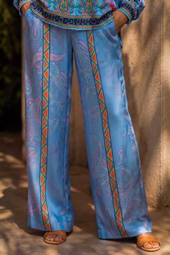 Buy Nautanky Blue Crepe Collared Neck Asmani Printed Shirt And Pant Co-ord Set Online at Aza Fashions Buy_Nautanky_Blue Crepe Collared Neck Asmani Printed Shirt And Pant Co-ord Set _Online_at_Aza_Fashions