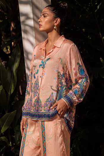 Nautanky Peach Crepe Collared Neck Gulnaar Printed Shirt And Pant Co-ord Set Online at Aza Fashions Nautanky_Peach Crepe Collared Neck Gulnaar Printed Shirt And Pant Co-ord Set _Online_at_Aza_Fashions