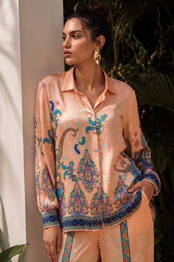 Shop Nautanky Peach Crepe Collared Neck Gulnaar Printed Shirt And Pant Co-ord Set Online at Aza Fashions Shop_Nautanky_Peach Crepe Collared Neck Gulnaar Printed Shirt And Pant Co-ord Set _Online_at_Aza_Fashions