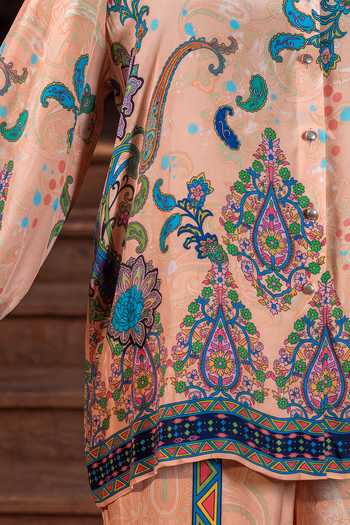 Nautanky Peach Crepe Collared Neck Gulnaar Printed Shirt And Pant Co-ord Set at Aza Fashions Nautanky_Peach Crepe Collared Neck Gulnaar Printed Shirt And Pant Co-ord Set _at_Aza_Fashions