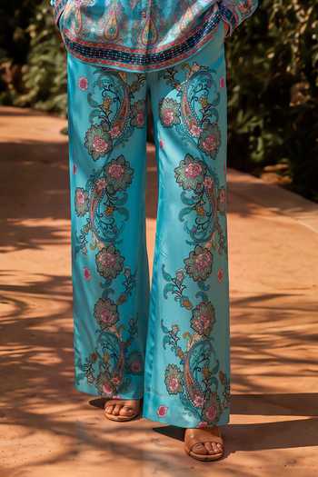 Nautanky Sky Blue Crepe Collared Neck Firozi Print Shirt And Pant Co-ord Set Online at Aza Fashions Nautanky_Sky Blue Crepe Collared Neck Firozi Print Shirt And Pant Co-ord Set _Online_at_Aza_Fashions