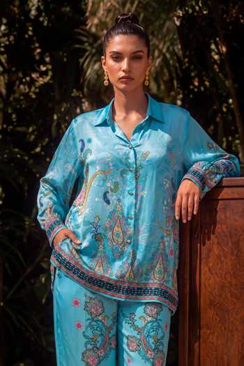 Buy Nautanky Sky Blue Crepe Collared Neck Firozi Print Shirt And Pant Co-ord Set Online at Aza Fashions Buy_Nautanky_Sky Blue Crepe Collared Neck Firozi Print Shirt And Pant Co-ord Set _Online_at_Aza_Fashions