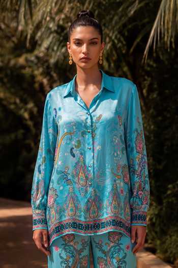 Nautanky Sky Blue Crepe Collared Neck Firozi Print Shirt And Pant Co-ord Set at Aza Fashions Nautanky_Sky Blue Crepe Collared Neck Firozi Print Shirt And Pant Co-ord Set _at_Aza_Fashions