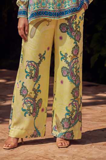 Nautanky Yellow Crepe Collared Neck Basanti Printed Shirt And Pant Co-ord Set Online at Aza Fashions Nautanky_Yellow Crepe Collared Neck Basanti Printed Shirt And Pant Co-ord Set _Online_at_Aza_Fashions