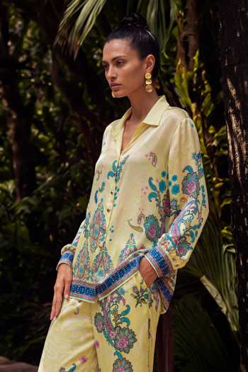 Buy Nautanky Yellow Crepe Collared Neck Basanti Printed Shirt And Pant Co-ord Set Online at Aza Fashions Buy_Nautanky_Yellow Crepe Collared Neck Basanti Printed Shirt And Pant Co-ord Set _Online_at_Aza_Fashions