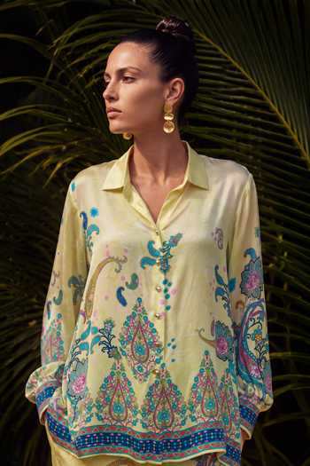 Shop Nautanky Yellow Crepe Collared Neck Basanti Printed Shirt And Pant Co-ord Set Online at Aza Fashions Shop_Nautanky_Yellow Crepe Collared Neck Basanti Printed Shirt And Pant Co-ord Set _Online_at_Aza_Fashions
