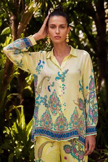 Nautanky Yellow Crepe Collared Neck Basanti Printed Shirt And Pant Co-ord Set at Aza Fashions Nautanky_Yellow Crepe Collared Neck Basanti Printed Shirt And Pant Co-ord Set _at_Aza_Fashions