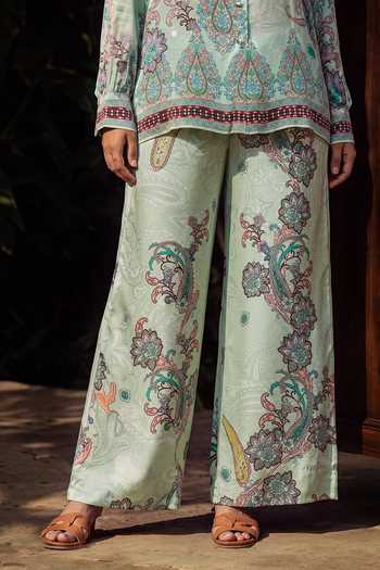Nautanky Green Crepe Collared Neck Shabnam Printed Shirt And Pant Co-ord Set Online at Aza Fashions Nautanky_Green Crepe Collared Neck Shabnam Printed Shirt And Pant Co-ord Set _Online_at_Aza_Fashions