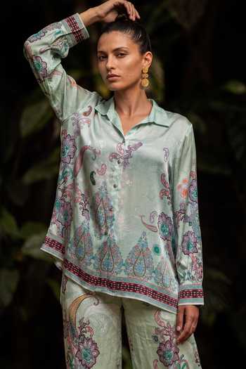 Buy Nautanky Green Crepe Collared Neck Shabnam Printed Shirt And Pant Co-ord Set Online at Aza Fashions Buy_Nautanky_Green Crepe Collared Neck Shabnam Printed Shirt And Pant Co-ord Set _Online_at_Aza_Fashions