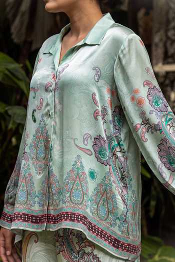 Shop Nautanky Green Crepe Collared Neck Shabnam Printed Shirt And Pant Co-ord Set Online at Aza Fashions Shop_Nautanky_Green Crepe Collared Neck Shabnam Printed Shirt And Pant Co-ord Set _Online_at_Aza_Fashions