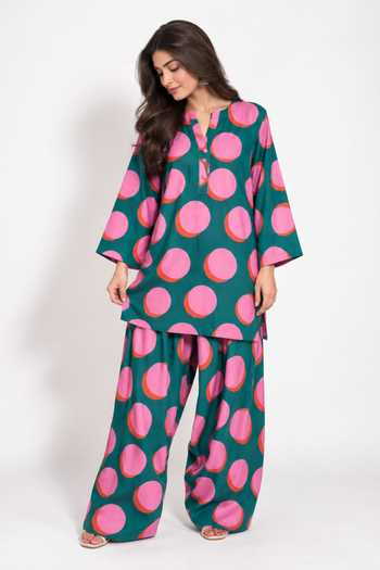 Poppi Green Cotton Split V-neck Polka Dot Print Kurta And Farshi Salwar Set Online at Aza Fashions Poppi_Green Cotton Split V-neck Polka Dot Print Kurta And Farshi Salwar Set _Online_at_Aza_Fashions