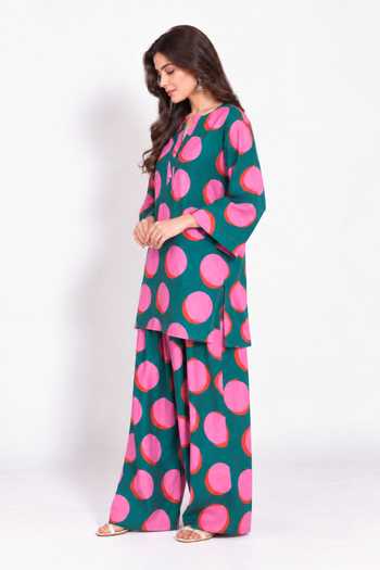 Buy Poppi Green Cotton Split V-neck Polka Dot Print Kurta And Farshi Salwar Set Online at Aza Fashions Buy_Poppi_Green Cotton Split V-neck Polka Dot Print Kurta And Farshi Salwar Set _Online_at_Aza_Fashions