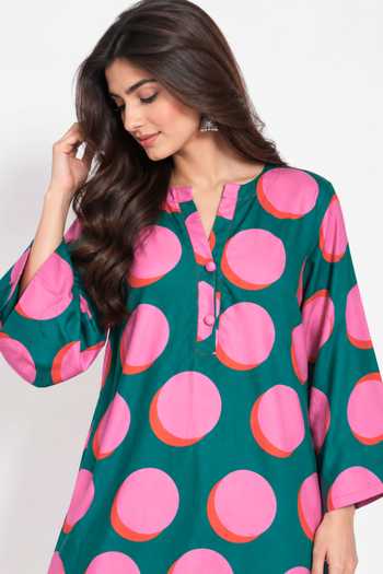 Shop Poppi Green Cotton Split V-neck Polka Dot Print Kurta And Farshi Salwar Set Online at Aza Fashions Shop_Poppi_Green Cotton Split V-neck Polka Dot Print Kurta And Farshi Salwar Set _Online_at_Aza_Fashions