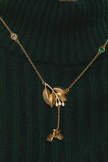 Totapari Gold Plated Corbett Mahua Leaf And Parrot Pendant Necklace at Aza Fashions Totapari_Gold Plated Corbett Mahua Leaf And Parrot Pendant Necklace _at_Aza_Fashions
