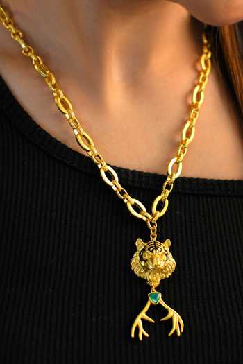 Shop Totapari Gold Plated Corbett Romeo Tiger Hunter Pendant Necklace Online at Aza Fashions Shop_Totapari_Gold Plated Corbett Romeo Tiger Hunter Pendant Necklace _Online_at_Aza_Fashions