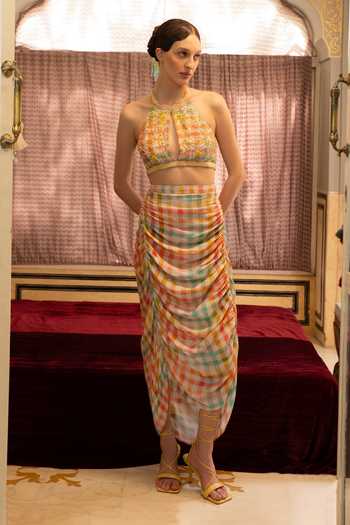 Névoh Checks Muslin Top & Skirt Set 