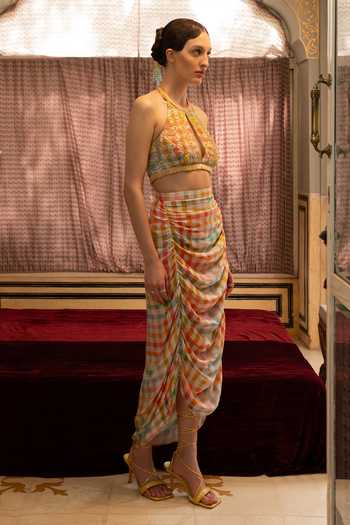 Shop Névoh Multi Color Muslin Keyhole Neck Checks Top And Skirt Set Online at Aza Fashions Shop_Névoh_Multi Color Muslin Keyhole Neck Checks Top And Skirt Set _Online_at_Aza_Fashions