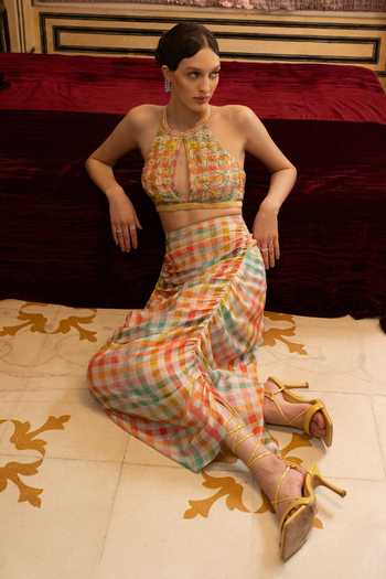 Névoh Multi Color Muslin Keyhole Neck Checks Top And Skirt Set at Aza Fashions Névoh_Multi Color Muslin Keyhole Neck Checks Top And Skirt Set _at_Aza_Fashions