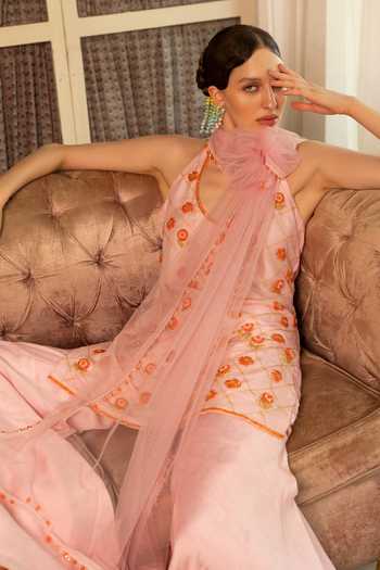 Névoh Pink Silk, Dupion, Net Halter Neck Embroidered Kurta Set at Aza Fashions Névoh_Pink Silk, Dupion, Net Halter Neck Embroidered Kurta Set _at_Aza_Fashions