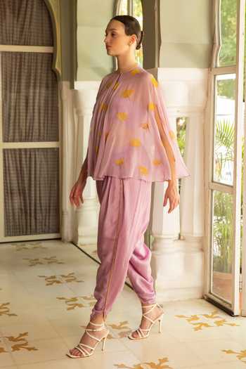 Shop Névoh Purple Organza, Silk, Dupion High Neck Cape With Bustier And Tulip Pant Set Online at Aza Fashions Shop_Névoh_Purple Organza, Silk, Dupion High Neck Cape With Bustier And Tulip Pant Set _Online_at_Aza_Fashions