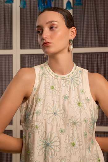 Shop Névoh Ivory Silk, Dupion High Neck, Yes Floral Embroidered Kurta And Tulip Pant Set Online at Aza Fashions Shop_Névoh_Ivory Silk, Dupion High Neck, Yes Floral Embroidered Kurta And Tulip Pant Set _Online_at_Aza_Fashions
